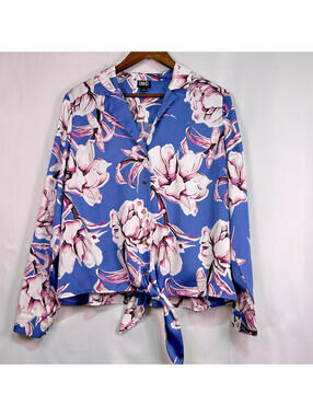 INC International Concepts Women’s Blouse Large Blue Floral Tie Front Button Up